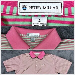 Peter Millar Men Large Golf Shirt Ledge Rock  Logo Watermelon Pink Green Stripe